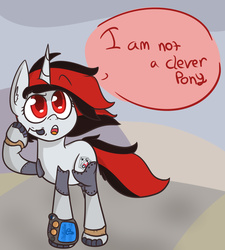 Size: 1602x1783 | Tagged: safe, artist:kimmychan1, oc, oc only, oc:blackjack, cyborg, pony, unicorn, fallout equestria, fallout equestria: project horizons, amputee, cybernetic legs, level 1 (project horizons), not a clever pony, solo
