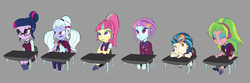Size: 4500x1502 | Tagged: safe, artist:browwning, indigo zap, lemon zest, sci-twi, sour sweet, sugarcoat, sunny flare, twilight sparkle, equestria girls, g4, my little pony equestria girls: friendship games, clothes, crystal prep academy, crystal prep academy uniform, crystal prep shadowbolts, cute, desk, disgusted, eyeroll, eyes closed, frown, glasses, goggles, hair bow, hair bun, headphones, high res, school uniform, shadow five, skirt, smiling, smug, socks, worried