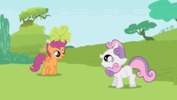 Size: 488x275 | Tagged: safe, artist:ah96, edit, edited screencap, editor:ah96, screencap, apple bloom, scootaloo, sweetie belle, pegasus, pony, unicorn, g4, lesson zero, animated, cutie mark crusaders, dumb head, female, filly, foal, funny, gif, headless, i can't believe it's not superedit, modular, playing, pronking, wat