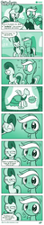 Size: 612x3108 | Tagged: safe, artist:dori-to, bon bon, lyra heartstrings, sweetie drops, earth pony, pony, unicorn, comic:silly lyra, canterlot boutique, g4, bon bon is not amused, clothes, comic, dress, expensive imported oats, female, food, green background, greenscale, mare, monochrome, oats, princess dress, silly lyra, silly lyra español, simple background, spanish, translation, translator:the-luna-fan, unamused