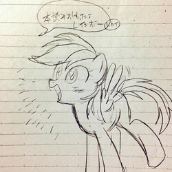 Size: 600x600 | Tagged: safe, artist:hamada, rainbow dash, g4, cute, dashabetes, female, japanese, lined paper, monochrome, solo, traditional art, translation request