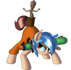 Size: 1024x1003 | Tagged: safe, artist:january3rd, oc, oc only, oc:rocket tier, equestria daily, clothes, costume, equestria daily mascots, groot, guardians of the galaxy, mascot, rocket raccoon, simple background, transparent background