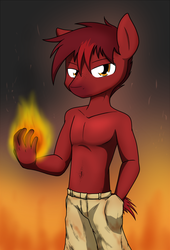 Size: 683x1005 | Tagged: safe, artist:sandwich-anomaly, oc, oc only, oc:charred remnant, earth pony, anthro, belly button, clothes, fire, freckles, topless