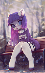 Size: 540x864 | Tagged: safe, artist:frali, edit, oc, oc only, anthro, unguligrade anthro, beautiful, bench, big eyes, depth of field, ear fluff, floppy ears, flower, forest, garter belt, garters, glowing, heart, looking at you, necklace, realistic, recolor, senpai, sitting, sleeveless, solo, sunlight, thigh garters, thighs, tube top