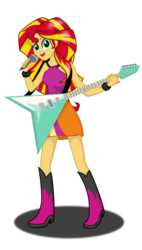 Size: 1286x2264 | Tagged: safe, artist:deannaphantom13, sunset shimmer, equestria girls, friendship through the ages, g4, bracelet, clothes, female, flying v, guitar, looking at you, microphone, open mouth, shine like rainbows, simple background, singing, sleeveless, smiling, solo, transparent background, wristband