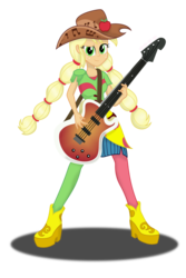 Size: 1781x2666 | Tagged: safe, artist:deannaphantom13, applejack, equestria girls, friendship through the ages, g4, bass guitar, clothes, cowboy hat, female, guitar, hat, looking at you, musical instrument, shine like rainbows, simple background, smiling, solo, transparent background