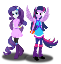 Size: 1024x1080 | Tagged: safe, artist:deannaphantom13, rarity, twilight sparkle, equestria girls, g4, book, clothes, dress, eared humanization, looking at you, ponied up, simple background, smiling, transparent background, twilight sparkle (alicorn), winged humanization