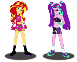 Size: 3269x2604 | Tagged: safe, artist:deannaphantom13, aria blaze, sunset shimmer, equestria girls, g4, bare shoulders, belly button, boxing, boxing gloves, clothes, eared humanization, high res, looking at you, midriff, ponied up, simple background, sleeveless, smiling, stance, strapless, transparent background