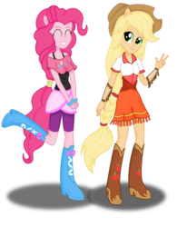 Size: 2382x2893 | Tagged: safe, artist:deannaphantom13, applejack, pinkie pie, equestria girls, g4, clothes, cowboy hat, eared humanization, eyes closed, grin, hat, high res, looking at you, peace sign, ponied up, simple background, smiling, transparent background