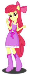 Size: 1374x3542 | Tagged: safe, artist:deannaphantom13, apple bloom, equestria girls, g4, clothes, cute, dress, eared humanization, fall formal outfits, female, looking at you, peace sign, ponied up, simple background, smiling, solo, transparent background