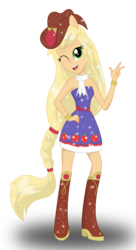 Size: 1872x3440 | Tagged: safe, artist:deannaphantom13, applejack, equestria girls, g4, bare shoulders, clothes, cowboy hat, dress, fall formal outfits, female, hat, looking at you, open mouth, peace sign, ponied up, simple background, sleeveless, smiling, solo, strapless, transparent background, wink