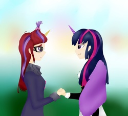 Size: 5614x5089 | Tagged: safe, artist:the-secret-perfect, moondancer, twilight sparkle, human, amending fences, g4, absurd resolution, clothes, glasses, horn, horned humanization, humanized, sweater, twilight sparkle (alicorn), winged humanization