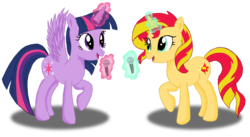 Size: 3141x1727 | Tagged: safe, artist:deannaphantom13, sunset shimmer, twilight sparkle, alicorn, pony, unicorn, g4, cute, duet, magic, microphone, open mouth, simple background, singing, smiling, transparent background, twilight sparkle (alicorn)