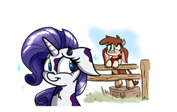 Size: 1500x950 | Tagged: safe, artist:heir-of-rick, arizona (tfh), rarity, cow, them's fightin' herds, g4, bipedal leaning, chest fluff, cloven hooves, community related, crack shipping, crossover, crossover shipping, eyelashes, female, fence, floppy ears, implied lesbian, leaning, lesbian, raricow, rarizona, shipping, smiling, species swap