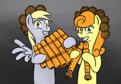 Size: 2687x1859 | Tagged: safe, artist:poecillia-gracilis19, carrot top, derpy hooves, golden harvest, pony, g4, bipedal, carrot, flute, grin, muffin, musical instrument, pan flute, spread wings, wide eyes