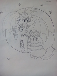 Size: 1920x2560 | Tagged: safe, artist:mllecalimero, oc, oc only, oc:cail, bat pony, pony, clothes, dress, earring, fishnet stockings, monochrome, moon, piercing, stars, traditional art