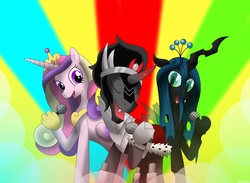 Size: 4600x3368 | Tagged: safe, artist:discorsaurus, king sombra, princess cadance, queen chrysalis, alicorn, changeling, pony, unicorn, g4, microphone, singing