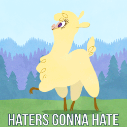 Size: 500x500 | Tagged: safe, artist:omegaozone, paprika (tfh), alpaca, them's fightin' herds, animated, chest fluff, community related, female, gif, haters gonna hate, loop, meme, open mouth, raised hoof, smiling, solo, walk cycle, walking