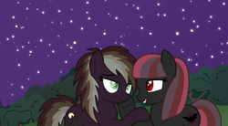 Size: 1268x698 | Tagged: safe, artist:angrykarin666, oc, oc only, oc:lycana, oc:vampira, bat pony, pony, vampire, vampony, werewolf, wingless bat pony, couple, cute, female, lesbian, night, oc x oc, shipping