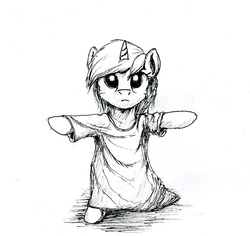 Size: 720x679 | Tagged: safe, artist:el-yeguero, lyra heartstrings, pony, g4, bipedal, clothes, female, monochrome, solo, t-shirt, traditional art, younger