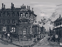 Size: 1280x964 | Tagged: safe, artist:agm, earth pony, pegasus, pony, cart, city, cityscape, commission, monochrome, street, streetlight