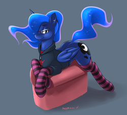 Size: 2432x2216 | Tagged: safe, artist:devo87, princess luna, alicorn, pony, g4, ass up, bedroom eyes, butt, clothes, cute, cutie mark, ear piercing, earring, ethereal mane, female, folded wings, glasses, gray background, hair over one eye, high res, hoodie, jacket, lidded eyes, looking at you, lunabetes, mare, missing accessory, piercing, plot, sexy, simple background, smiling, socks, solo, striped socks, wings, zipper