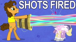 Size: 900x500 | Tagged: safe, edit, edited screencap, screencap, cheese sandwich, silver frames, pony, g4, pinkie pride, bipedal, bucket, caption, clothes, grin, image macro, meme, reaction image, shirt, shots fired, smiling, streamers