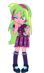 Size: 1338x2232 | Tagged: safe, artist:cbear624, lemon zest, equestria girls, g4, my little pony equestria girls: friendship games, blowing a kiss, bowtie, clothes, crystal prep academy, crystal prep academy uniform, crystal prep shadowbolts, cute, female, hand on hip, headphones, high heels, looking at you, one eye closed, pleated skirt, school uniform, schoolgirl, shoes, simple background, skirt, socks, solo, transparent background, vector, wink, zestabetes