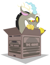 Size: 2000x2600 | Tagged: safe, artist:tizerfiction, discord, g4, make new friends but keep discord, cardboard box, high res, male, simple background, solo, transparent background, vector