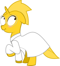 Size: 722x787 | Tagged: safe, artist:derjuin, pony, unicorn, :t, alphys, blushing, bucktooth, clothes, floppy ears, glasses, lab coat, looking back, nerd, nose wrinkle, ponified, scrunchy face, simple background, solo, transparent background, undertale, vector, wide eyes