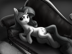 Size: 2048x1536 | Tagged: safe, artist:locksto, rarity, g4, couch, draw me like one of your french girls, fainting couch, female, flank, floppy ears, grayscale, looking at you, monochrome, noir, on side, smiling, snout, solo, tail, unshorn fetlocks