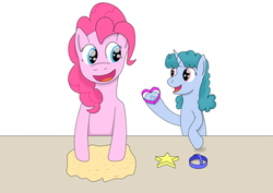 Size: 1024x724 | Tagged: safe, artist:allonsbro, pinkie pie, oc, oc:cupcake quartz, g4, baking, cookie dough, daughter, mother, mother and daughter, next generation, offspring, parent:pinkie pie, parent:pokey pierce, parents:pokeypie