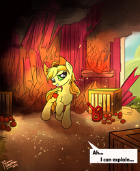Size: 2569x3132 | Tagged: safe, artist:pedrohander, braeburn, earth pony, pony, g4, colored, fire, high res, male, solo, sweet apple acres