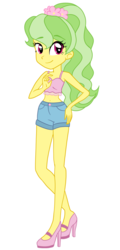 Size: 1336x2784 | Tagged: safe, artist:princess-madeleine, oc, oc only, oc:woodland spring, equestria girls, g4, belly button, clothes, cute, equestria girls-ified, green hair, midriff, ponytail, shorts, simple background, solo, tank top, transparent background