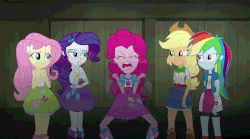 Size: 854x476 | Tagged: safe, screencap, applejack, fluttershy, pinkie pie, rainbow dash, rarity, butterfly, equestria girls, g4, my little pony equestria girls: rainbow rocks, angry, animated, apple, balloon, boots, bracelet, clothes, cowboy boots, cowboy hat, female, food, freckles, gem, hat, high heel boots, humane five, jewelry, skirt, yelling