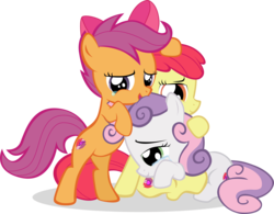 Size: 5997x4674 | Tagged: safe, artist:rainihorn, apple bloom, scootaloo, sweetie belle, earth pony, pegasus, pony, unicorn, crusaders of the lost mark, g4, absurd resolution, bipedal, crying, cutie mark, cutie mark crusaders, group hug, hug, simple background, tears of joy, the cmc's cutie marks, transparent background, vector