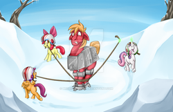 Size: 800x518 | Tagged: safe, artist:sky-railroad, apple bloom, big macintosh, scootaloo, sweetie belle, earth pony, pony, g4, at-at, clothes, costume, cute, cutie mark crusaders, grin, gritted teeth, helmet, magic, male, mouth hold, playing, rope, scene parody, smiling, snow, stallion, star wars, star wars: the empire strikes back, telekinesis, tied up, watermark, wide eyes