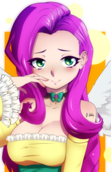 Size: 1500x2318 | Tagged: safe, artist:oppaihobby, fluttershy, human, g4, blushing, breasts, busty fluttershy, cleavage, clothes, cute, dress, female, frilly dress, humanized, lidded eyes, looking at you, purple hair, shoulderless, shyabetes, smiling, solo, spread wings