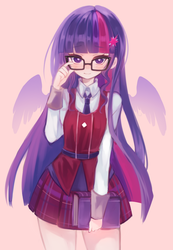 Size: 900x1300 | Tagged: safe, artist:shouu-kun, sci-twi, twilight sparkle, human, equestria girls, g4, my little pony equestria girls: friendship games, anime, anime style, blushing, book, clothes, crystal prep academy uniform, cute, explicit source, female, glasses, humanized, looking at you, meganekko, school uniform, skirt, solo, twiabetes, winged humanization, wings