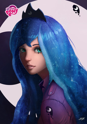 Size: 2480x3508 | Tagged: safe, artist:hunky-dory-artist, princess luna, human, g4, clothes, crown, ethereal hair, female, high res, humanized, looking back, pretty, profile, shirt, simple background, solo