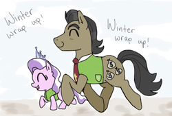 Size: 812x550 | Tagged: safe, artist:rocketp0ne, diamond tiara, filthy rich, earth pony, pony, g4, winter wrap up, duo, equestria's best father, eyes closed, father and daughter, plant team, simple background, snow, white background, winter wrap up vest