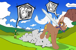 Size: 3750x2500 | Tagged: safe, artist:keeponhatin, earth pony, pony, :t, carrot, cute, dock, epona, eponadorable, female, food, frown, grin, high res, link, mare, master sword, mouth hold, pictogram, ponified, smiling, stealing, sweat, sweatdrop, sword, the legend of zelda, unamused, weapon