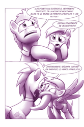 Size: 900x1362 | Tagged: safe, artist:moonlitbrush, derpy hooves, doctor whooves, time turner, earth pony, pony, comic:unintentionally spreading happiness, g4, boop, comic, crying, cute, eye contact, frown, male, monochrome, noseboop, open mouth, spanish, squishy cheeks, stallion, translation, translator:the-luna-fan, wide eyes