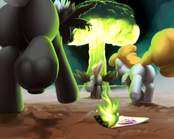 Size: 1125x900 | Tagged: safe, artist:moonlitbrush, derpy hooves, dinky hooves, surprise, thunderlane, ghoul, pegasus, pony, comic:derpy deliveries, fallout equestria, g4, balefire, balefire bomb, bubble butt, burning, butt, explosion, female, ground, hooves, mare, megaspell, megaspell explosion, mushroom cloud, nuclear explosion, plot, running, underhoof