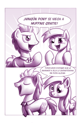 Size: 900x1362 | Tagged: safe, artist:moonlitbrush, derpy hooves, doctor whooves, time turner, earth pony, pony, comic:unintentionally spreading happiness, g4, comic, cute, eyes closed, male, monochrome, open mouth, smiling, spanish, stallion, translation, translator:the-luna-fan