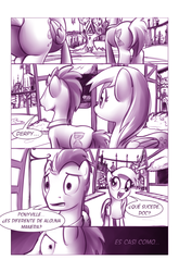 Size: 900x1362 | Tagged: safe, artist:moonlitbrush, derpy hooves, doctor whooves, time turner, earth pony, pony, comic:unintentionally spreading happiness, g4, butt, comic, cute, frown, male, monochrome, open mouth, plot, ponyville, smiling, spanish, stallion, translation, translator:the-luna-fan, wide eyes