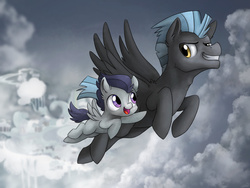 Size: 1024x768 | Tagged: dead source, safe, artist:ibsn, rumble, thunderlane, pegasus, pony, g4, brothers, cloud, cloudsdale, cloudy, colt, cute, duo, duo male, fluffy, flying, grin, male, open mouth, rumblebetes, sky, smiling, smirk, spread wings, stallion