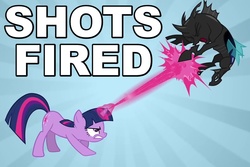 Size: 750x500 | Tagged: safe, edit, edited screencap, screencap, twilight sparkle, changeling, pony, unicorn, a canterlot wedding, g4, blue background, caption, eyes closed, female, image macro, magic, magic blast, mare, meme, reaction image, shots fired, simple background, sunburst background, unicorn twilight