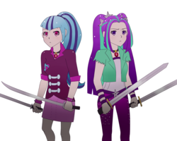 Size: 1800x1440 | Tagged: safe, artist:arielfan90, artist:mimimikasa, aria blaze, sonata dusk, equestria girls, g4, amulet, clothes, commission, dual wield, duo, katana, necklace, sword, weapon, wristband