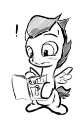 Size: 289x436 | Tagged: safe, rumble, pegasus, pony, g4, blushing, butt, butts, colt, hoof hold, magazine, male, monochrome, plot, simple background, solo, white background, wingboner